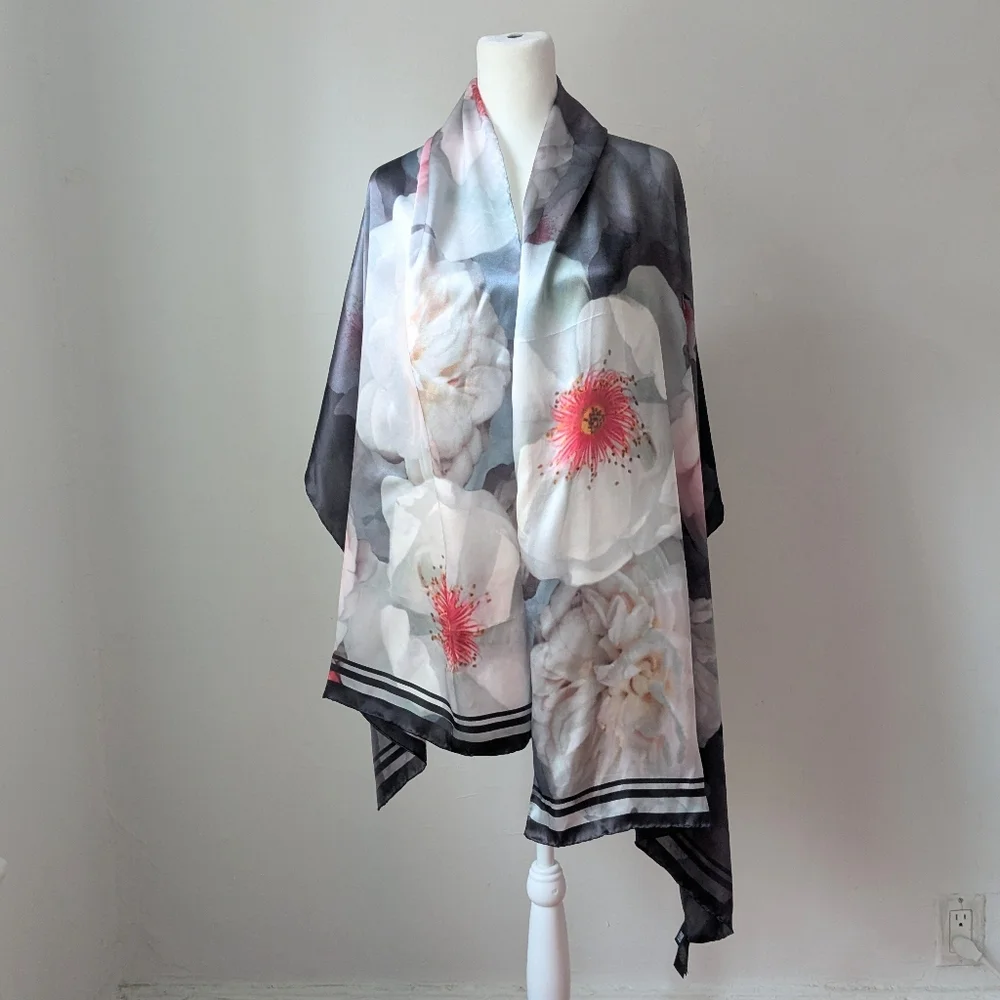 Ted Baker Silk Extra Large Botanical Floral Scarf Gray Pink